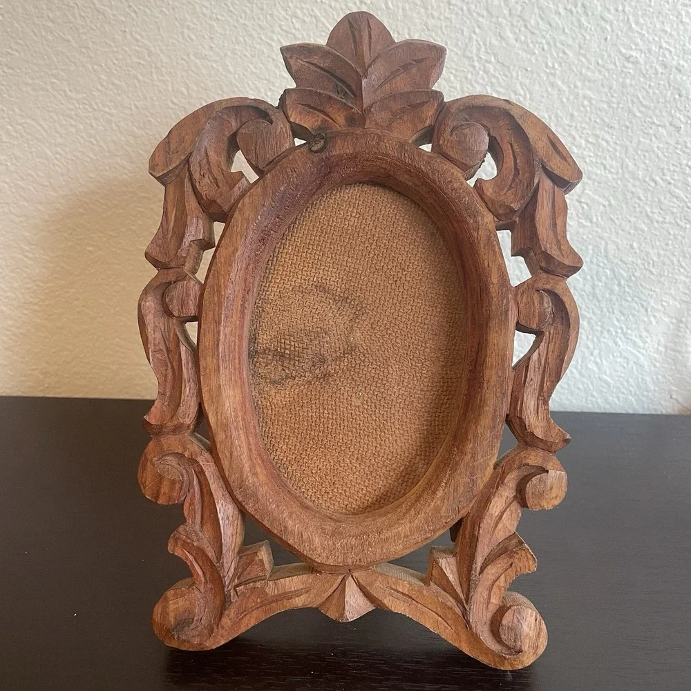 Vintage Hand Carved Wood Picture Frame Ornate Black Forest Style Folk Art Glass